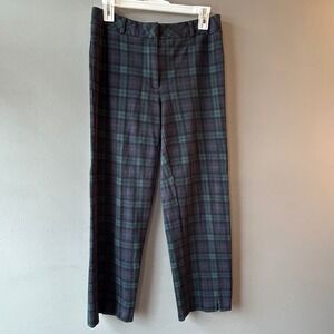 J.McLaughlin Women 4 Black Watch Plaid Pants Green Navy Tartan Straight Leg Slit